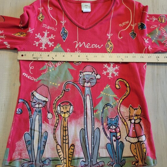 Jess & Jane Artsy Abstract All Over Christmas Cat Pop Art Top Women's S USA - Picture 8 of 9